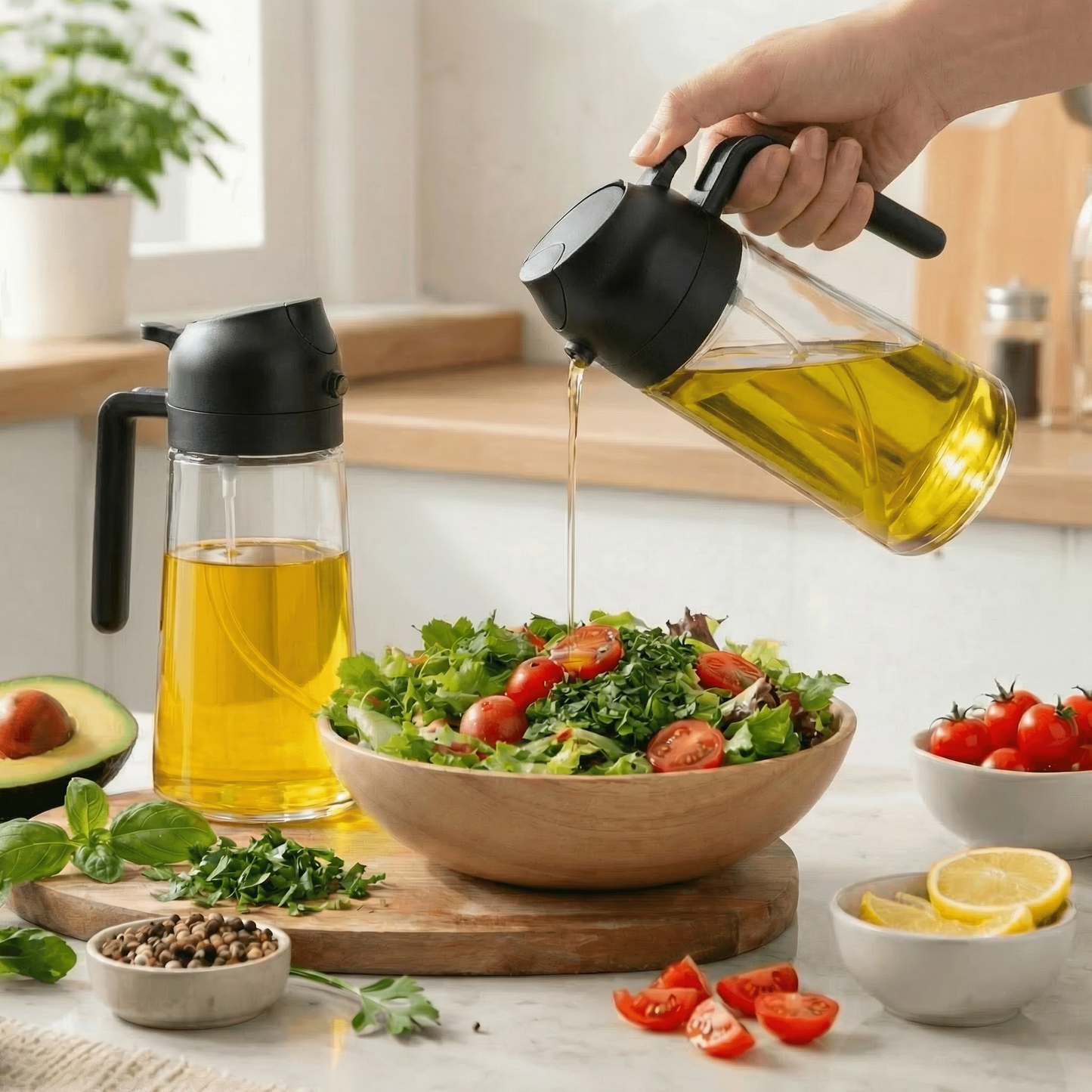 Paquete de 2 pulverizadores y dispensadores de aceite de oliva de vidrio 2 en 1 de 473 ml (Set en negro y crema)