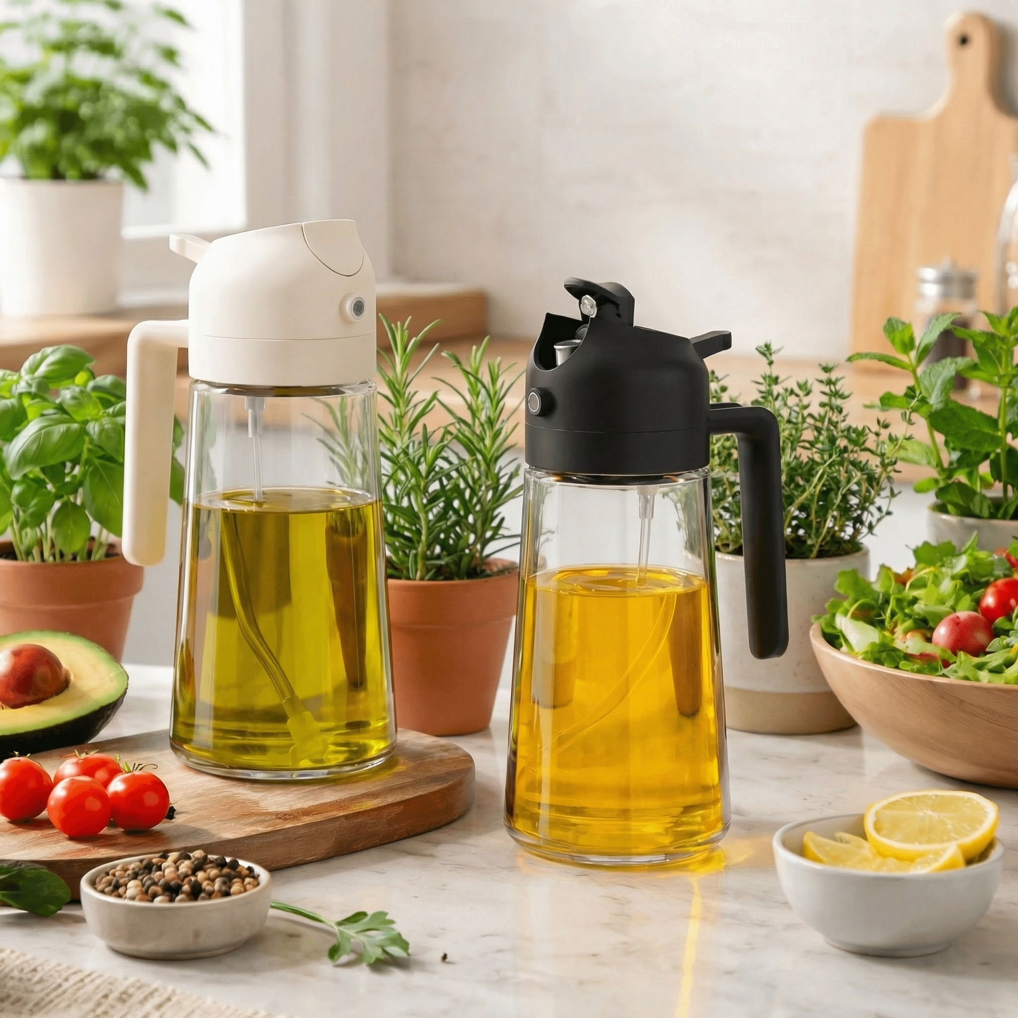 2-Pack 16oz 2-in-1 Glass Olive Oil Sprayer & Dispenser – Savory Home